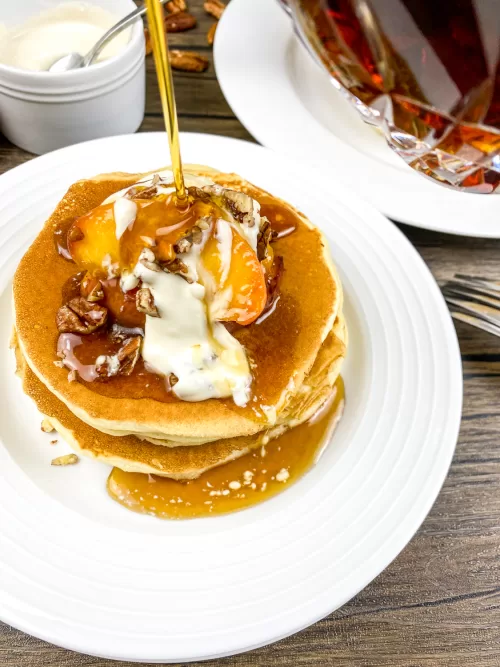 Creamy Buttermilk Pancakes with Maple-Roasted Peaches
