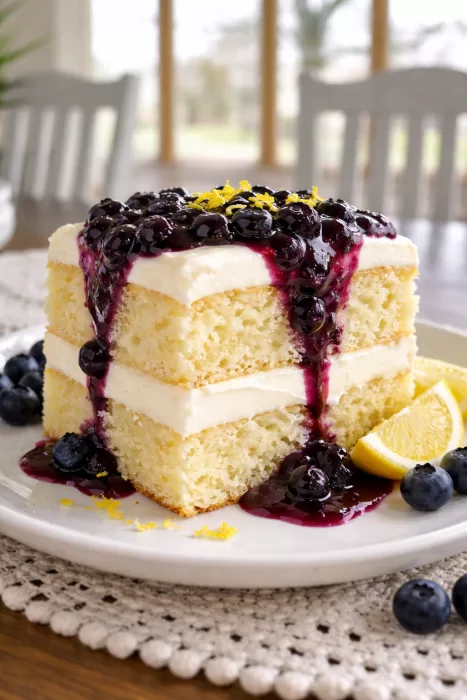 A Soft, Buttery Lemon Cake with Creamy Filling and Bright Blueberry Sauce