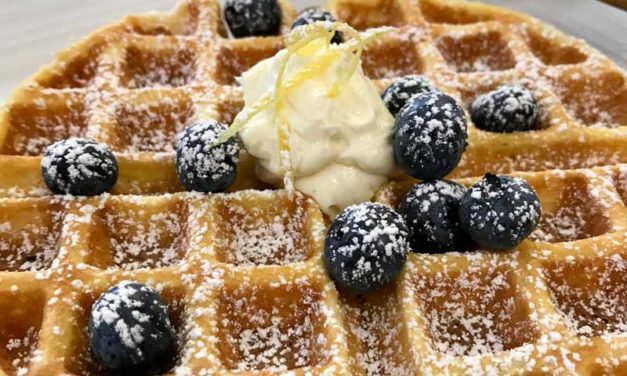 Lemon Ricotta Waffles with Mascarpone and Blueberries