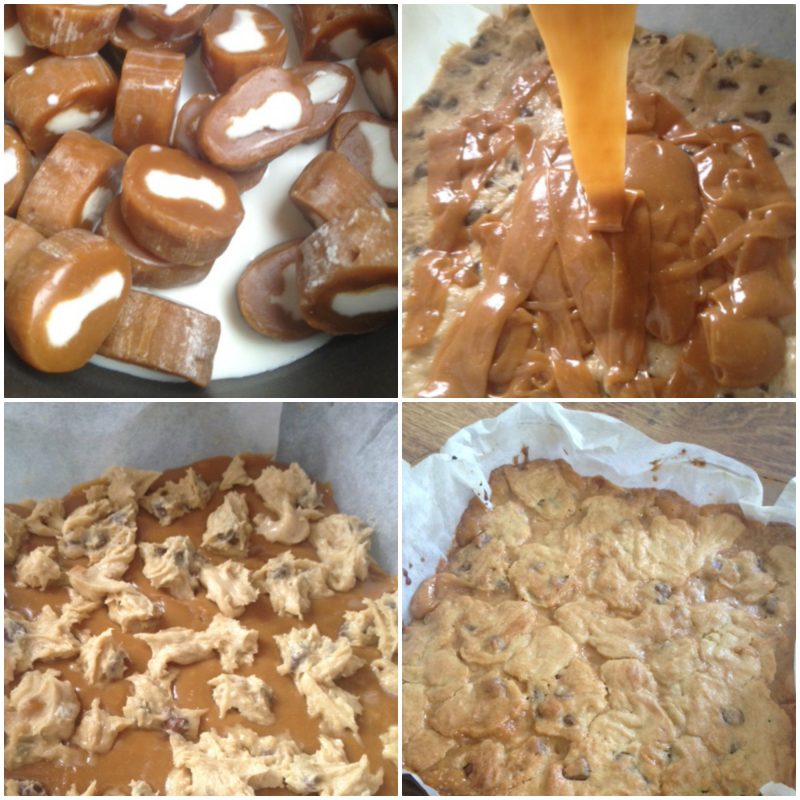  a scrumptious chocolate cookie bar, mixed the caramel creams with some heavy cream to make a decedent filling and then topped it off with more cookie dough.